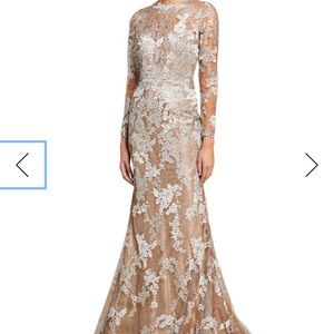 Rene Ruiz Champagne / Silver Lace Applique Long-Sleeve Trumpet Gown